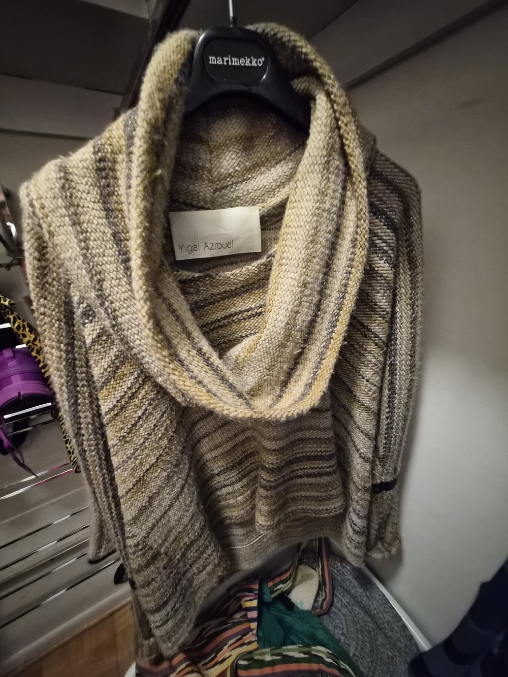 Yigal Azrouël Heavy Chunky Knit Hooded Cowl Neck Sweater Leather Trim